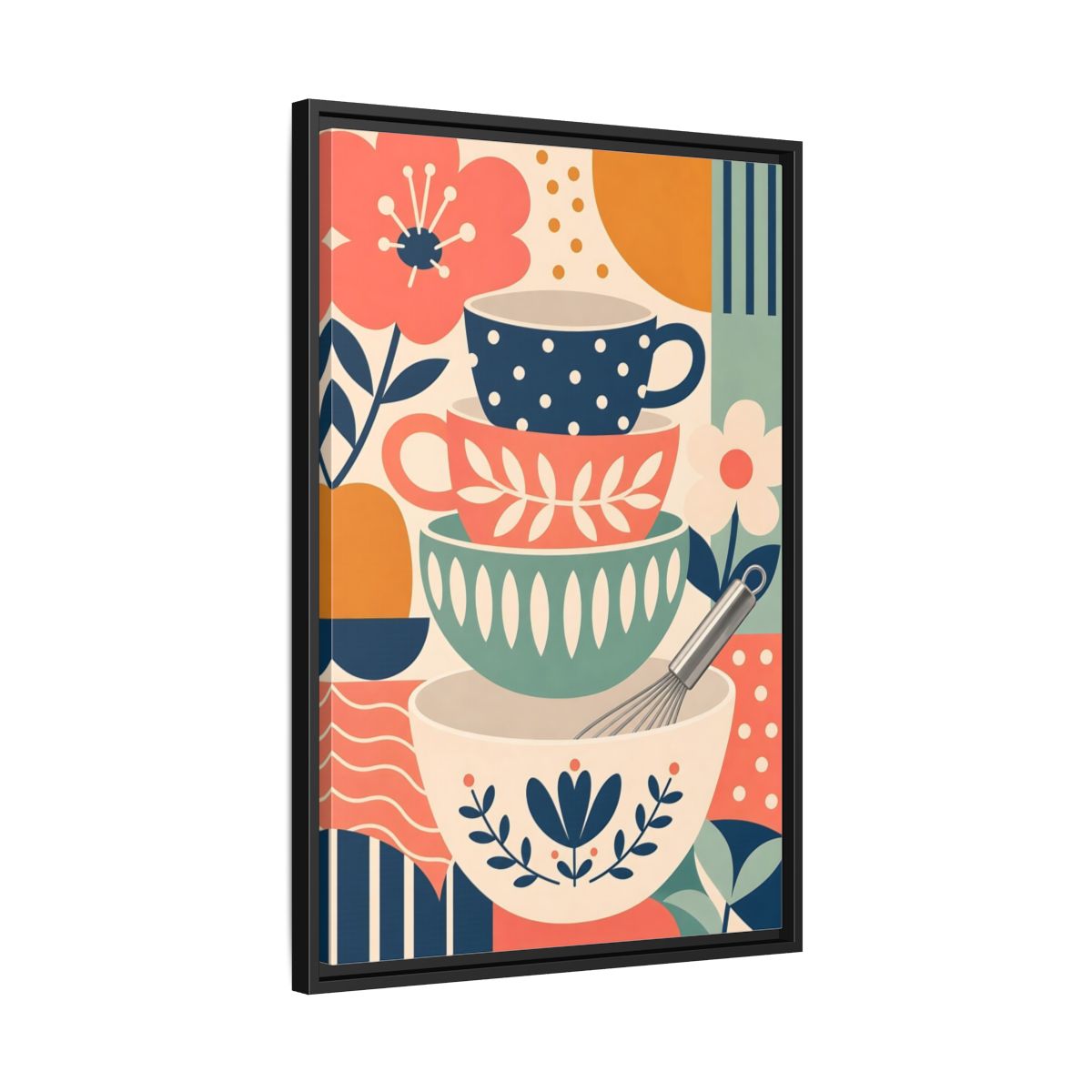 Side Mockup 14. Abstract Kitchenware Stack Mid-Century Kitchenware shown as framed canvas print