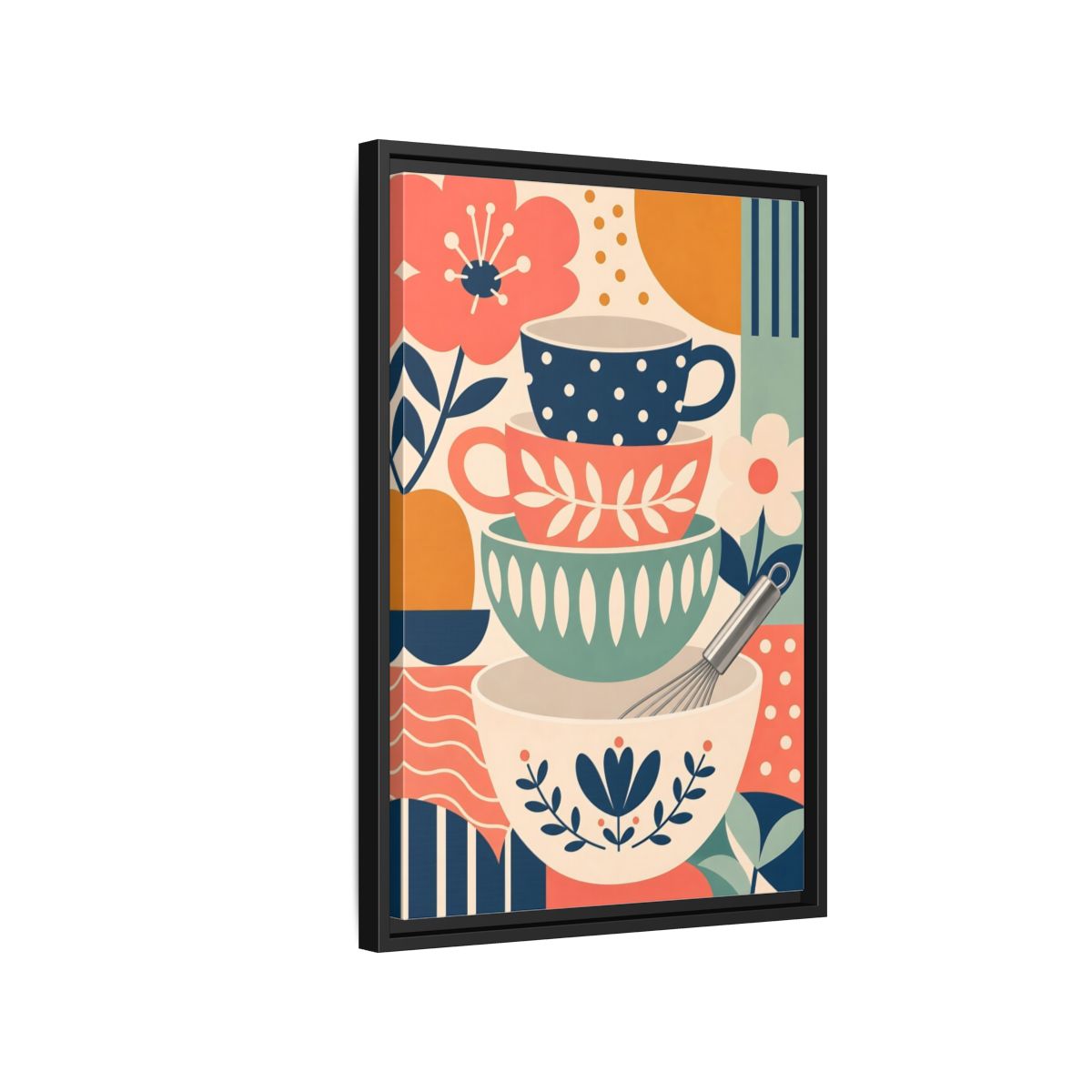 Side Mockup 3. Abstract Kitchenware Stack Mid-Century Kitchenware shown as framed canvas print