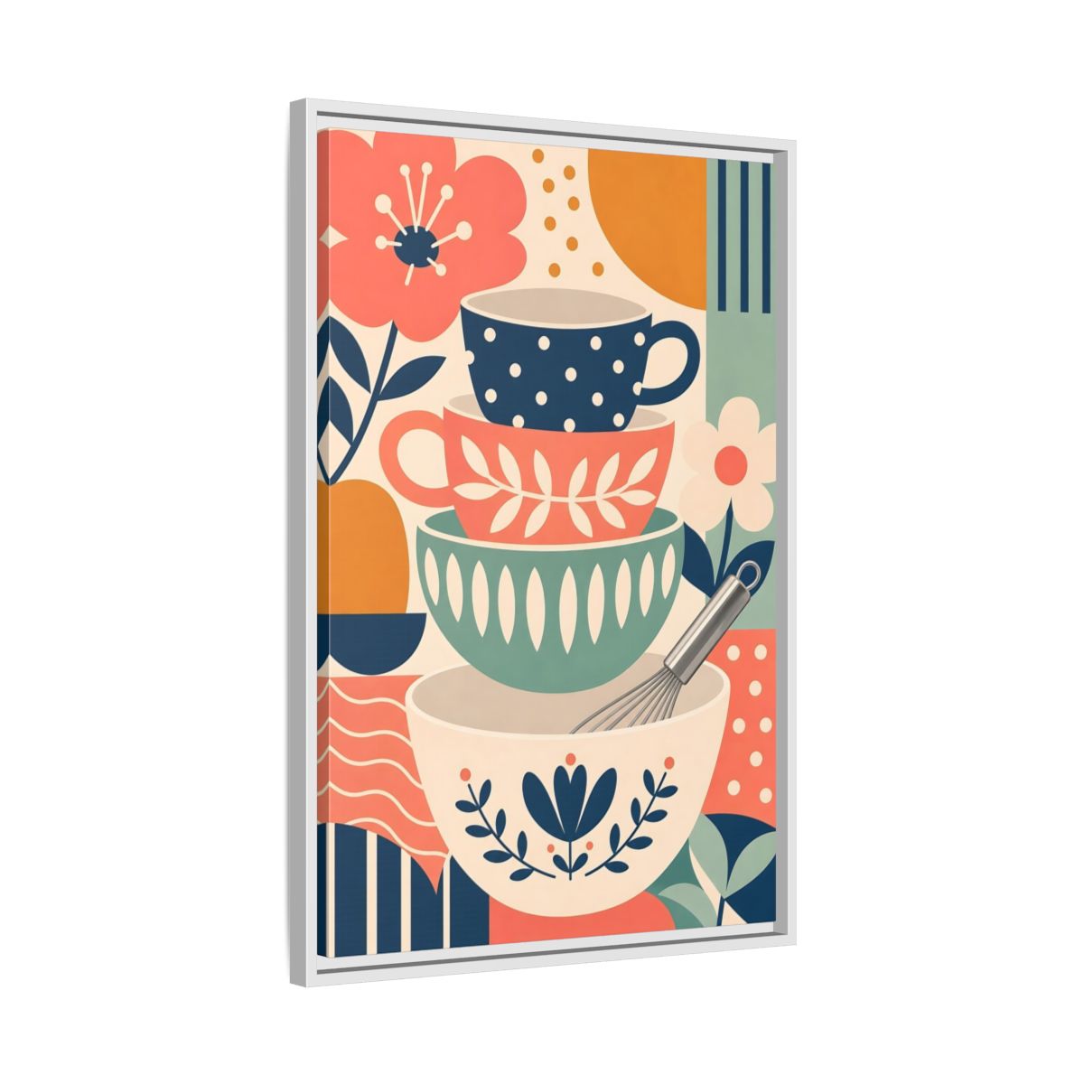 Side Mockup 10. Abstract Kitchenware Stack Mid-Century Kitchenware shown as framed canvas print
