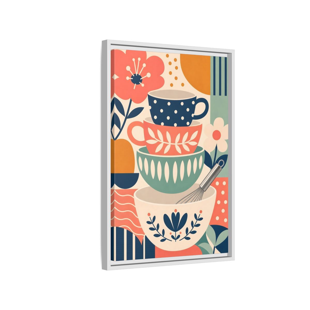 Side Mockup 1. Abstract Kitchenware Stack Mid-Century Kitchenware shown as framed canvas print