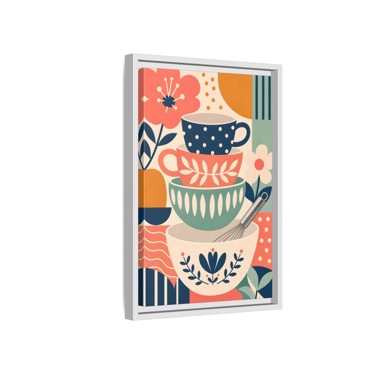 Side Mockup 4. Abstract Kitchenware Stack Mid-Century Kitchenware shown as framed canvas print