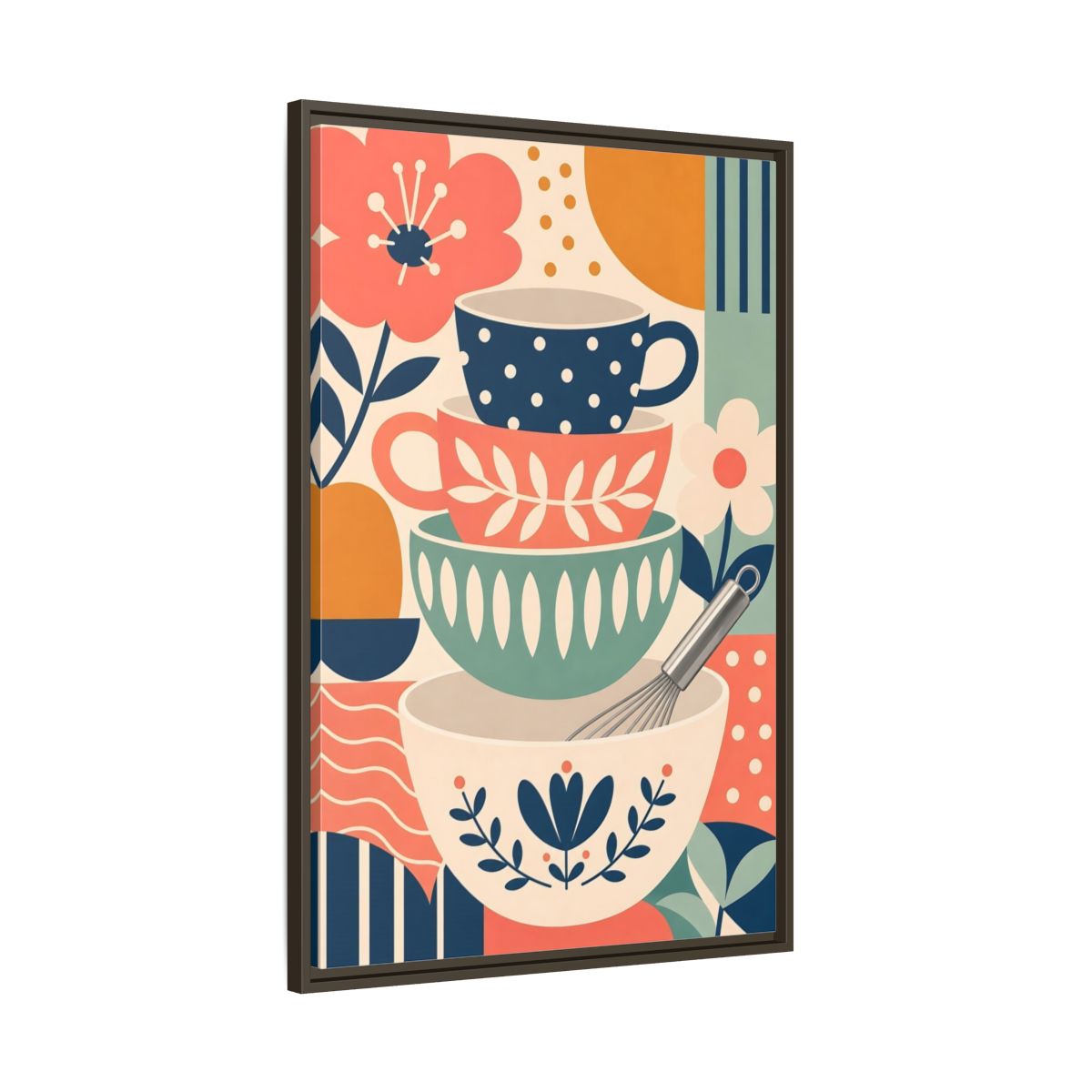 Main Mockup. Abstract Kitchenware Stack Mid-Century Kitchenware shown as framed canvas print