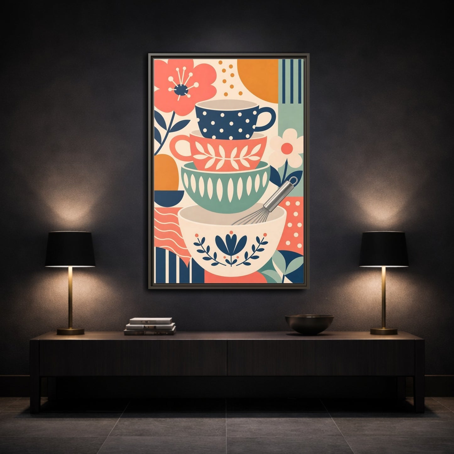 Mockup 2. Abstract Kitchenware Stack Mid-Century Kitchenware shown as framed canvas print