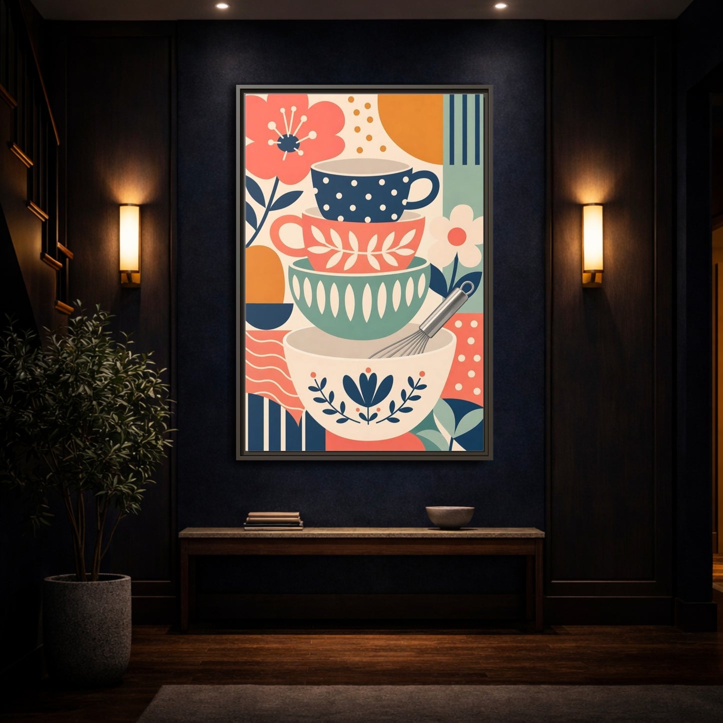 Mockup 4. Abstract Kitchenware Stack Mid-Century Kitchenware shown as framed canvas print