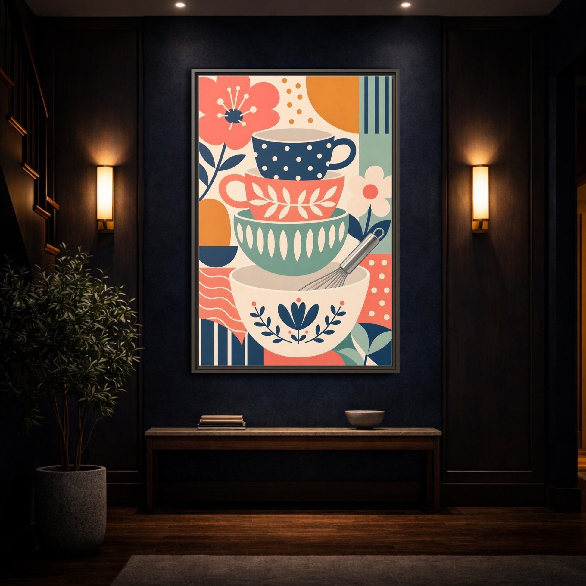 Mockup 4. Abstract Kitchenware Stack Mid-Century Kitchenware shown as framed canvas print