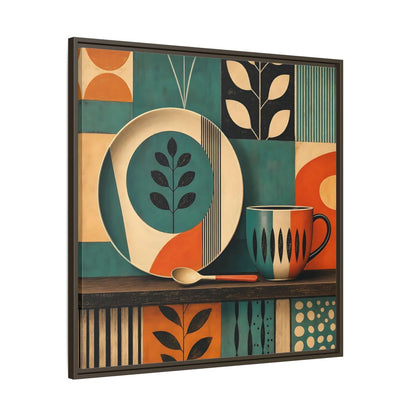 Main Mockup. Abstract Kitchenware Teal Orange Abstract shown as stretched canvas wall art