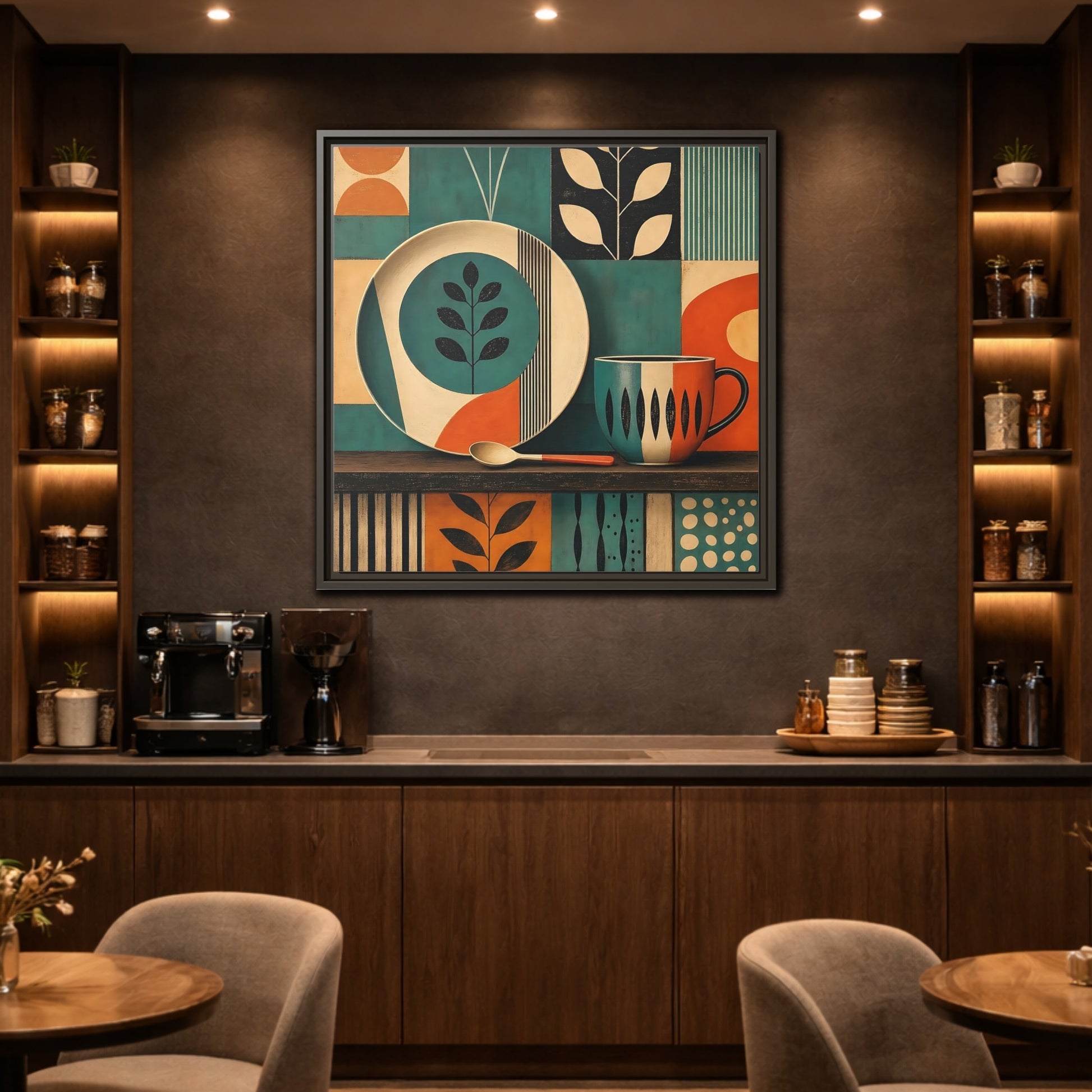Mockup 2. Abstract Kitchenware Teal Orange Abstract shown as stretched canvas wall art