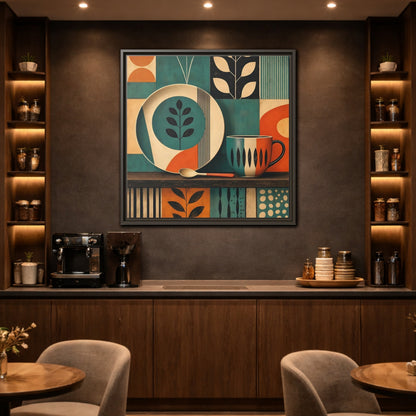 Mockup 2. Abstract Kitchenware Teal Orange Abstract shown as stretched canvas wall art