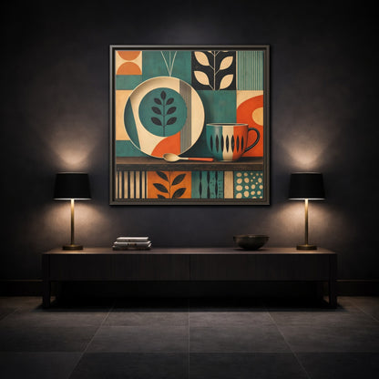 Mockup 3. Abstract Kitchenware Teal Orange Abstract shown as stretched canvas wall art