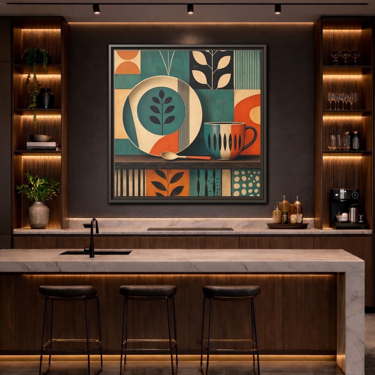 Mockup 4. Abstract Kitchenware Teal Orange Abstract shown as stretched canvas wall art