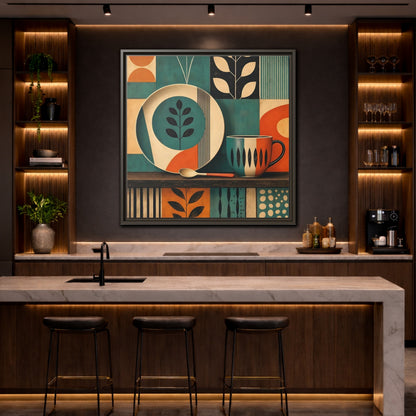 Mockup 4. Abstract Kitchenware Teal Orange Abstract shown as stretched canvas wall art