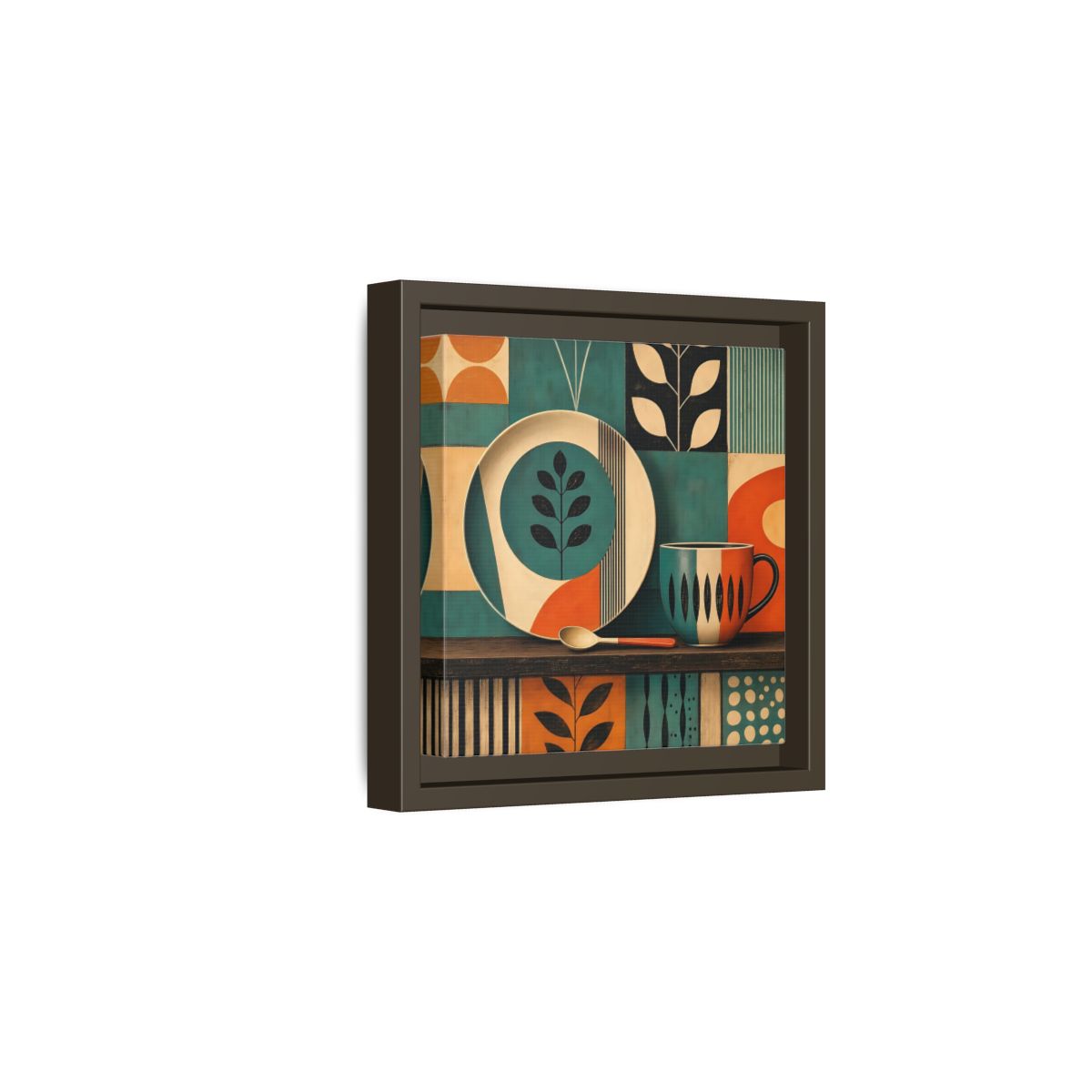 Side Mockup 2. Abstract Kitchenware Teal Orange Abstract shown as stretched canvas wall art