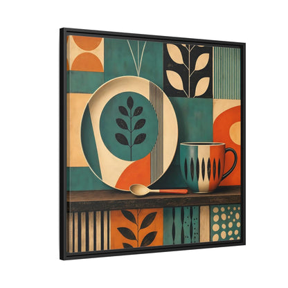 Side Mockup 9. Abstract Kitchenware Teal Orange Abstract shown as stretched canvas wall art