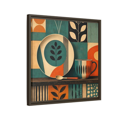 Side Mockup 11. Abstract Kitchenware Teal Orange Abstract shown as stretched canvas wall art