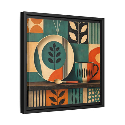 Side Mockup 32. Abstract Kitchenware Teal Orange Abstract shown as stretched canvas wall art