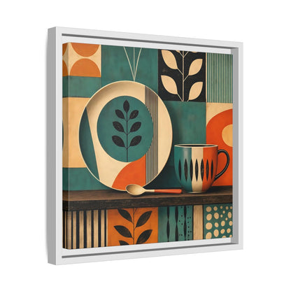 Side Mockup 28. Abstract Kitchenware Teal Orange Abstract shown as stretched canvas wall art