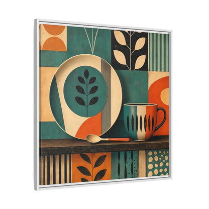 Side Mockup 25. Abstract Kitchenware Teal Orange Abstract shown as stretched canvas wall art