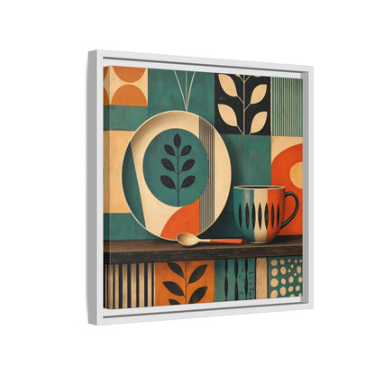 Side Mockup 13. Abstract Kitchenware Teal Orange Abstract shown as stretched canvas wall art