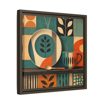 Side Mockup 29. Abstract Kitchenware Teal Orange Abstract shown as stretched canvas wall art