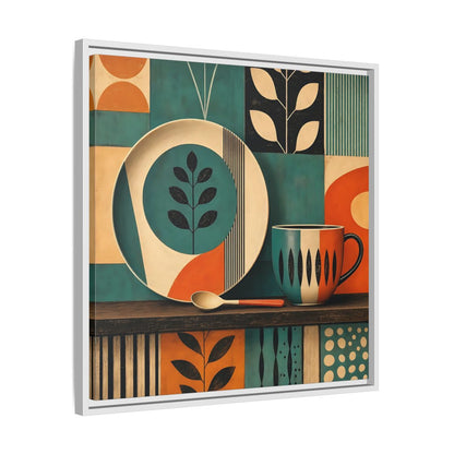 Side Mockup 26. Abstract Kitchenware Teal Orange Abstract shown as stretched canvas wall art