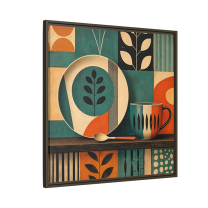 Side Mockup 8. Abstract Kitchenware Teal Orange Abstract shown as stretched canvas wall art