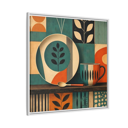 Side Mockup 7. Abstract Kitchenware Teal Orange Abstract shown as stretched canvas wall art