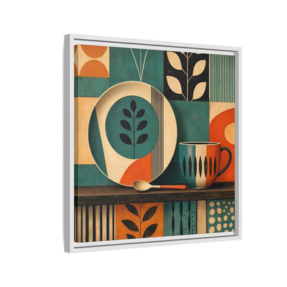 Side Mockup 10. Abstract Kitchenware Teal Orange Abstract shown as stretched canvas wall art