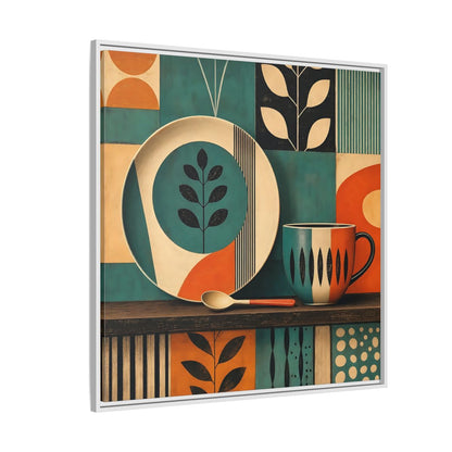 Side Mockup 4. Abstract Kitchenware Teal Orange Abstract shown as stretched canvas wall art
