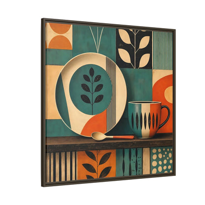 Side Mockup 5. Abstract Kitchenware Teal Orange Abstract shown as stretched canvas wall art