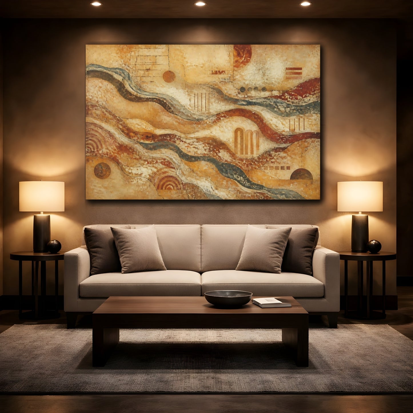 Mockup 2. Abstract Layered Waves Fresco shown as canvas print
