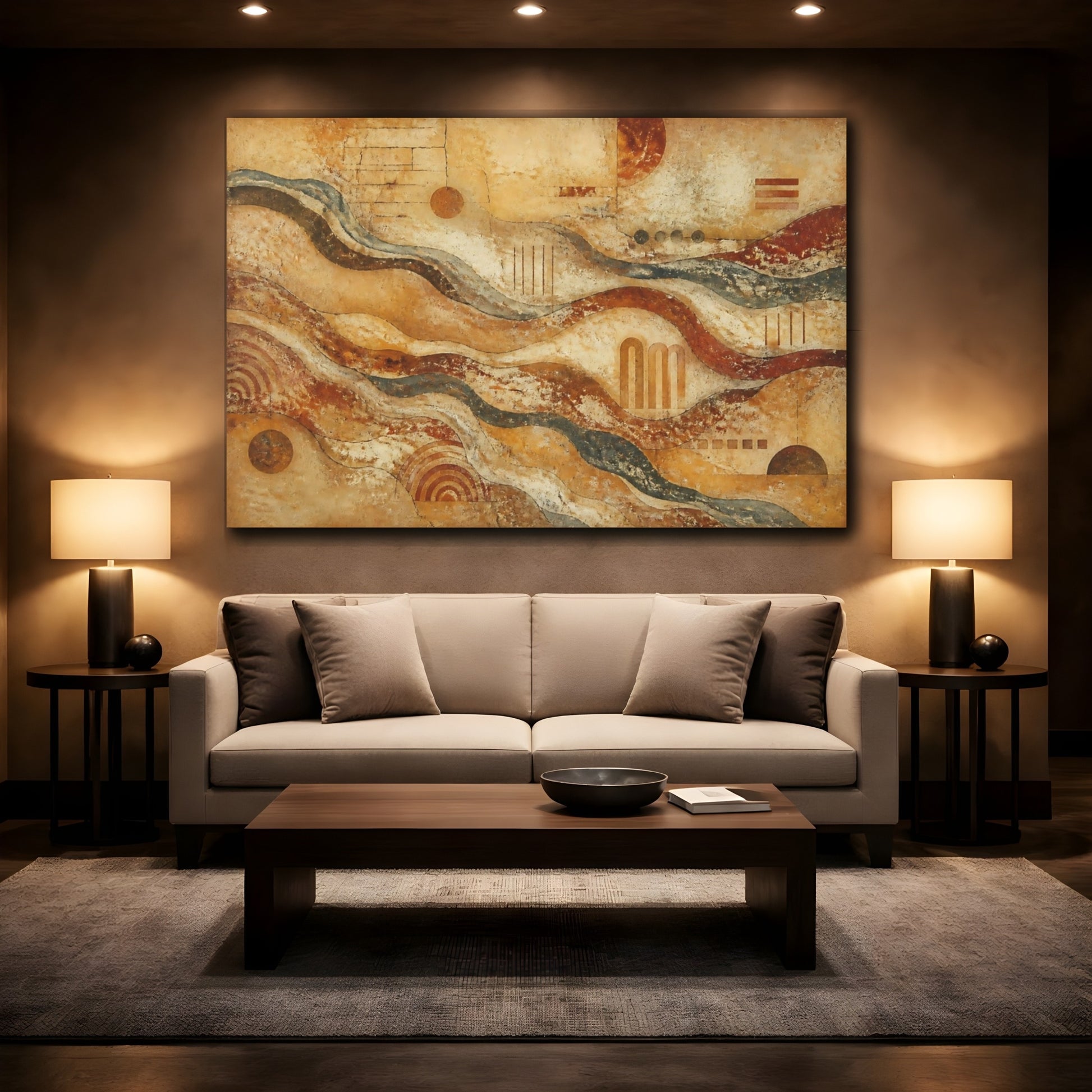 Mockup 2. Abstract Layered Waves Fresco shown as canvas print