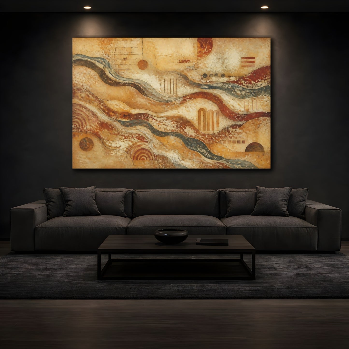 Mockup 3. Abstract Layered Waves Fresco shown as canvas print