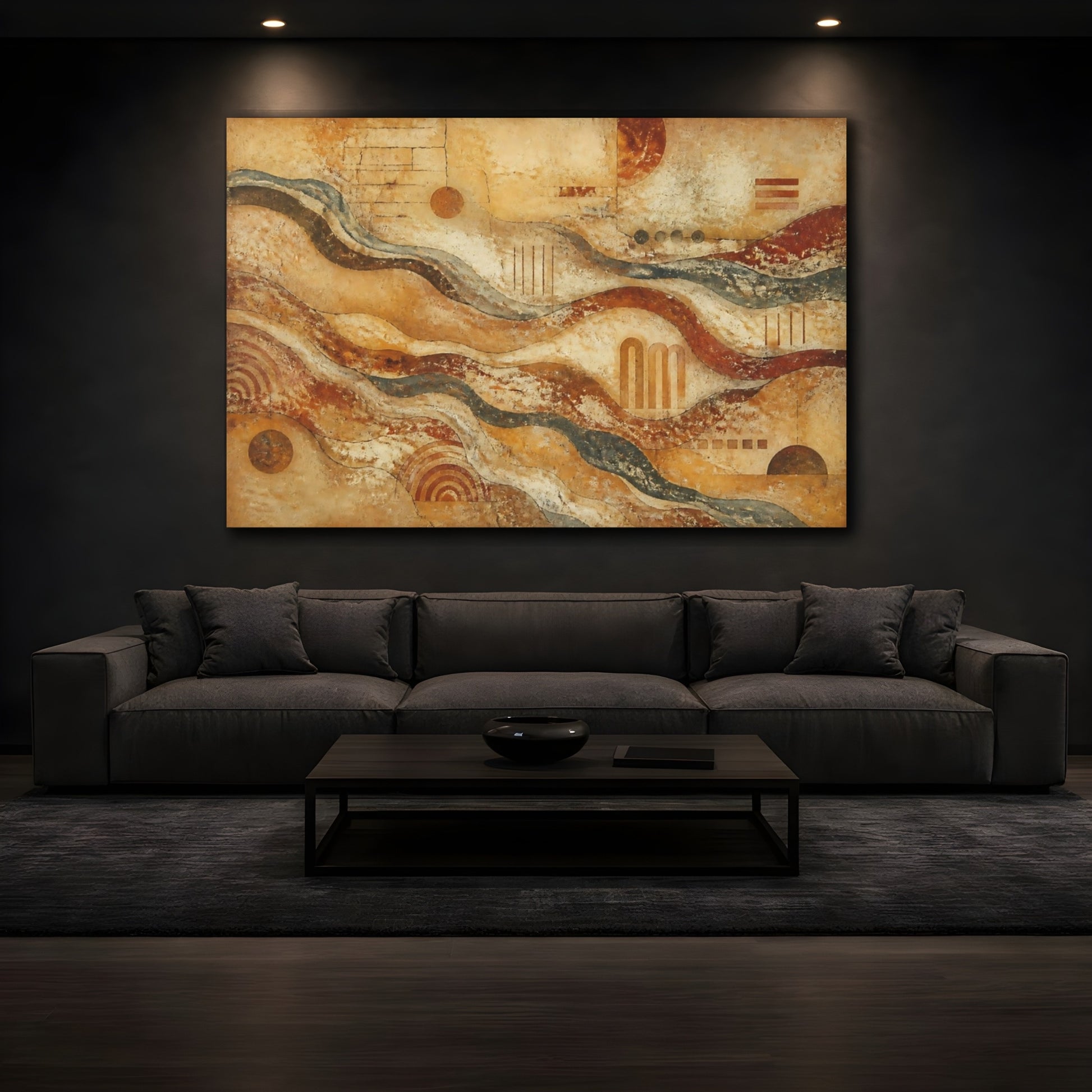 Mockup 3. Abstract Layered Waves Fresco shown as canvas print