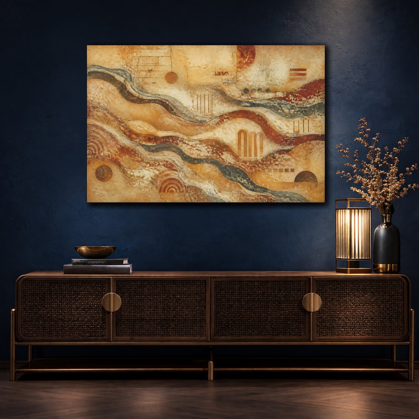 Mockup 4. Abstract Layered Waves Fresco shown as canvas print