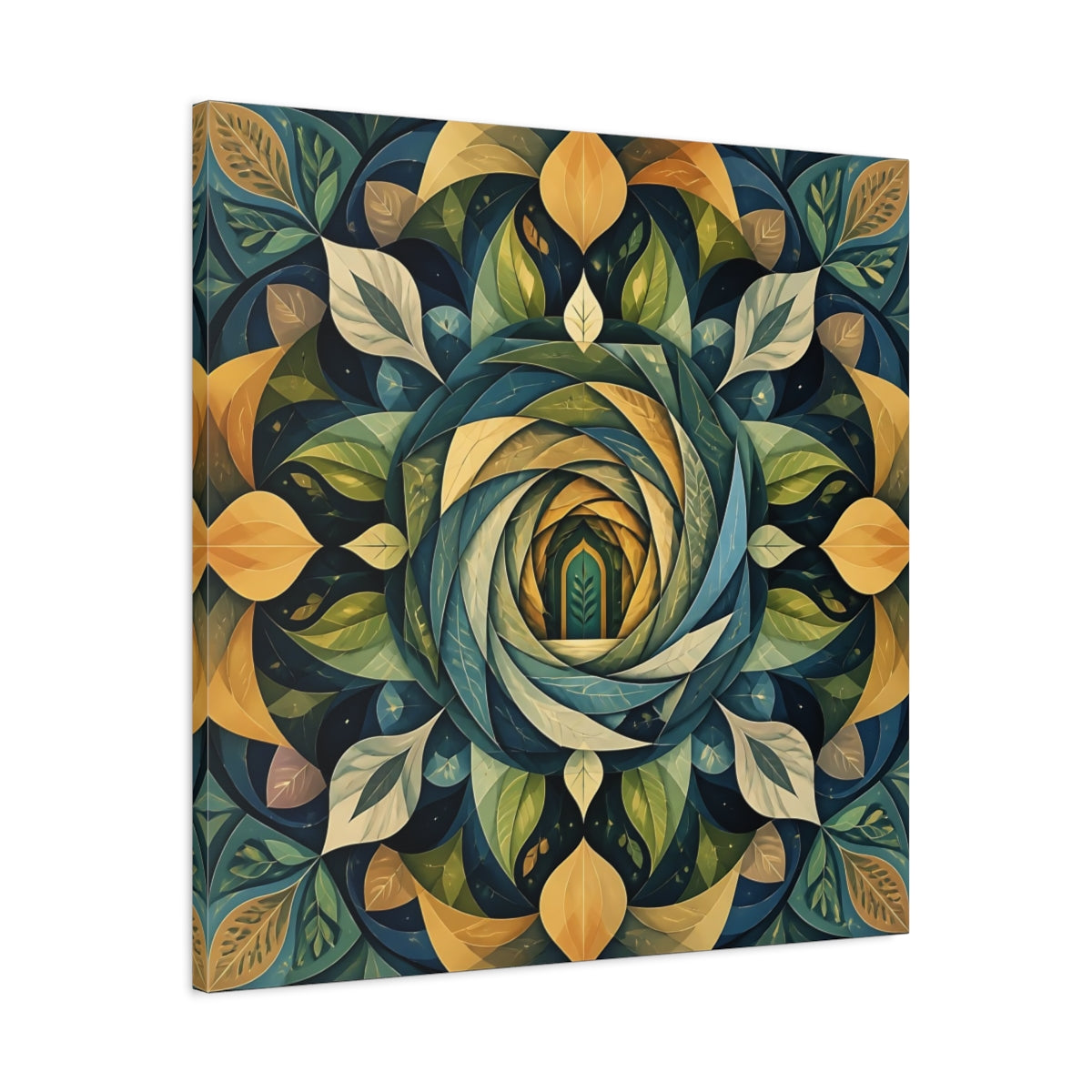 Side Mockup 3. Abstract Leaf Mandala Portal shown as canvas print