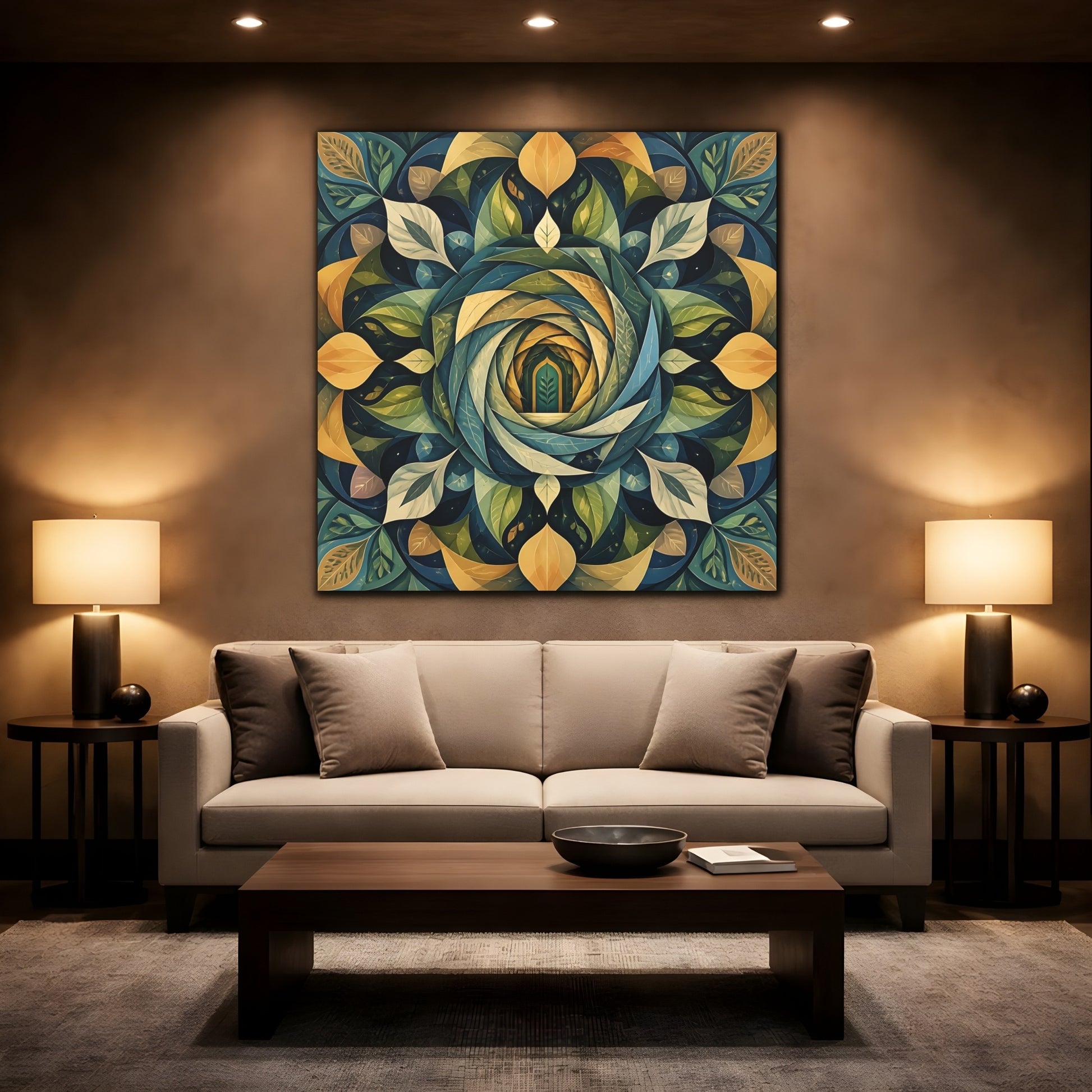 Mockup 2. Abstract Leaf Mandala Portal shown as canvas print