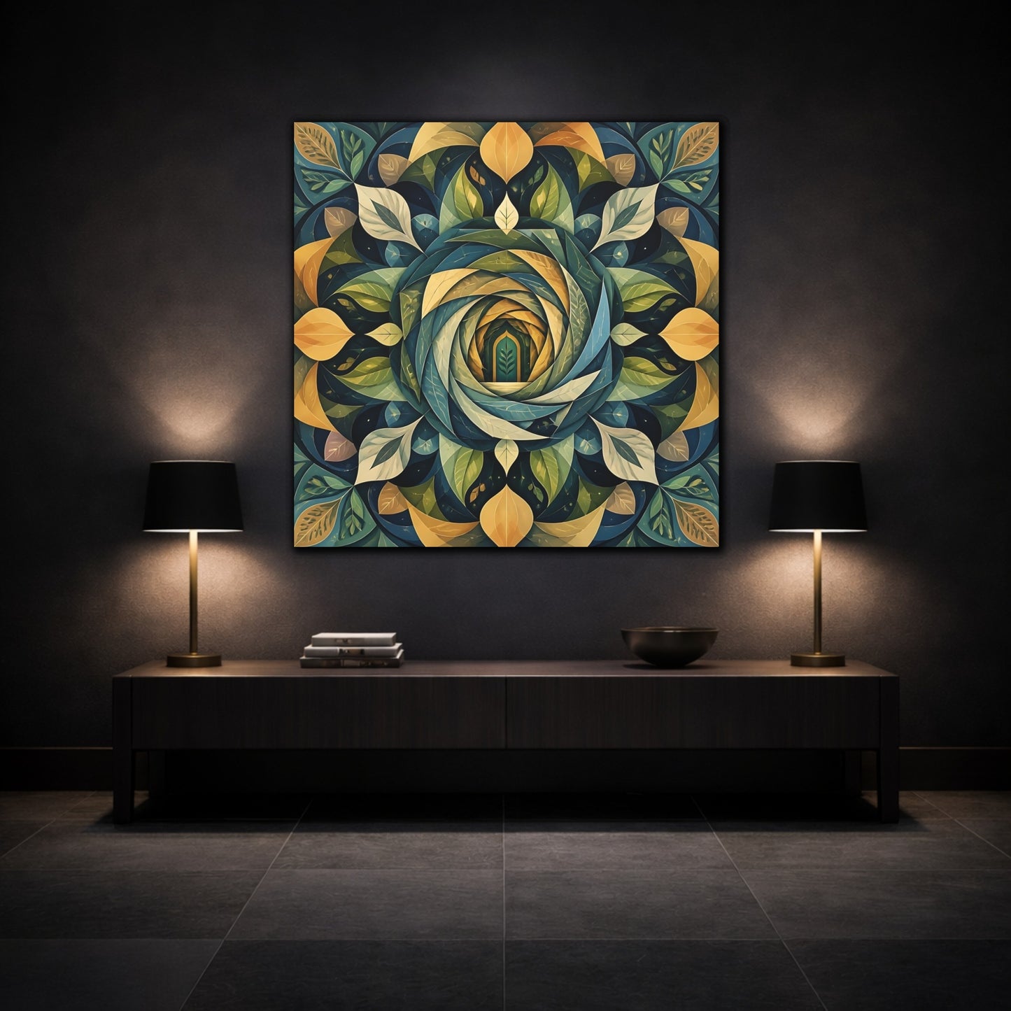 Mockup 3. Abstract Leaf Mandala Portal shown as canvas print