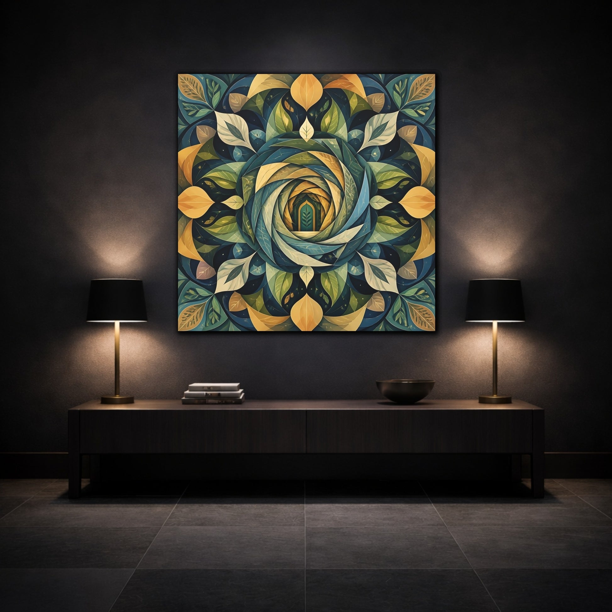 Mockup 3. Abstract Leaf Mandala Portal shown as canvas print