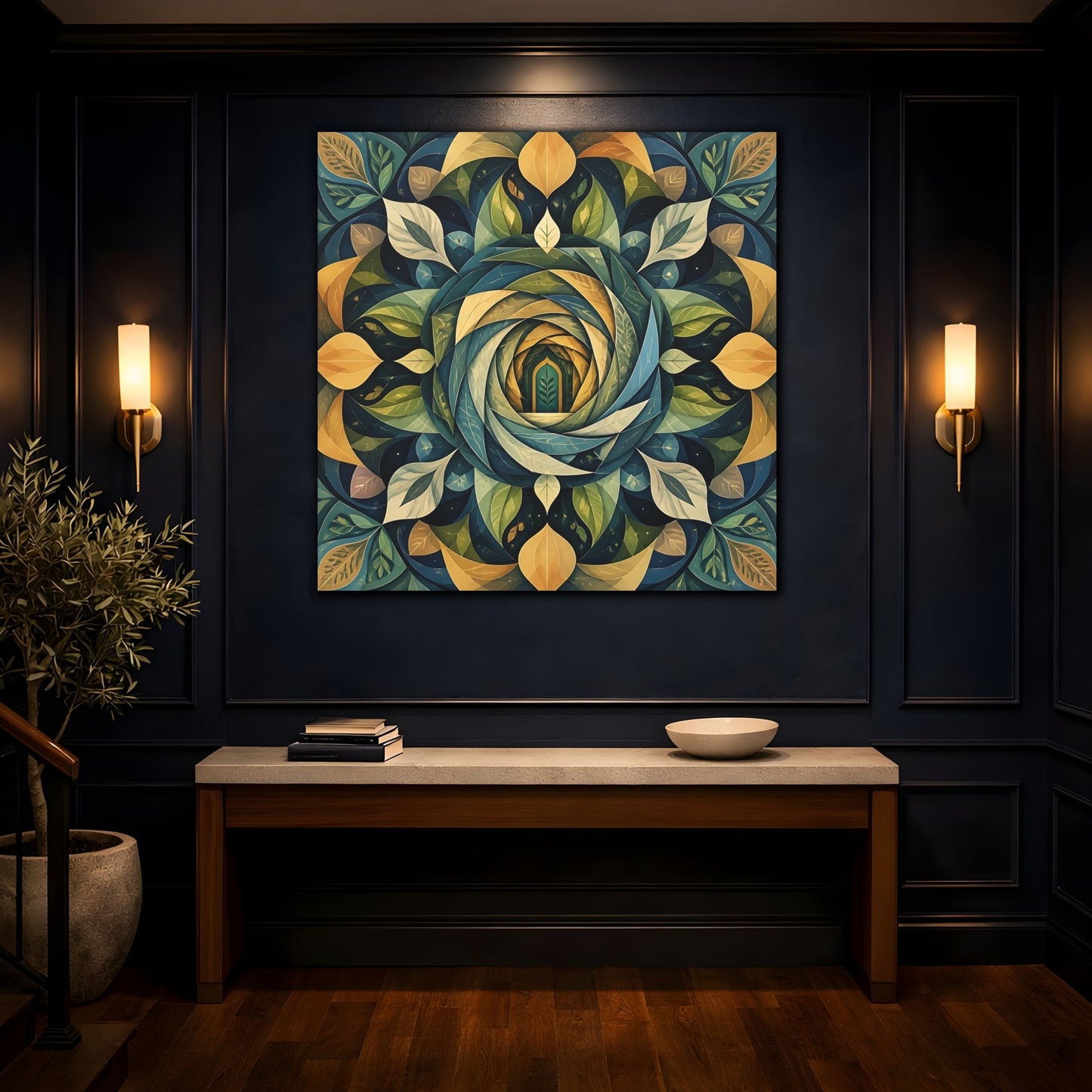 Mockup 4. Abstract Leaf Mandala Portal shown as canvas print