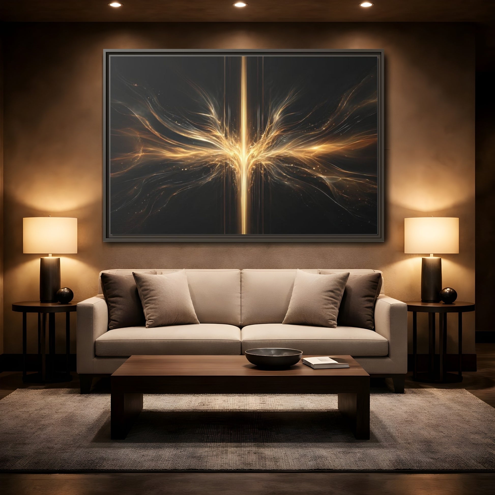 Mockup 2. Abstract Light Burst Golden Black Abstract shown as stretched canvas wall art