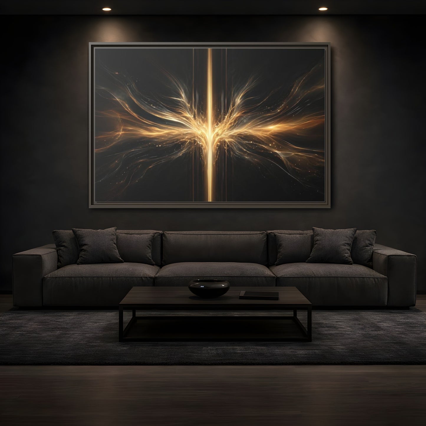 Mockup 3. Abstract Light Burst Golden Black Abstract shown as stretched canvas wall art