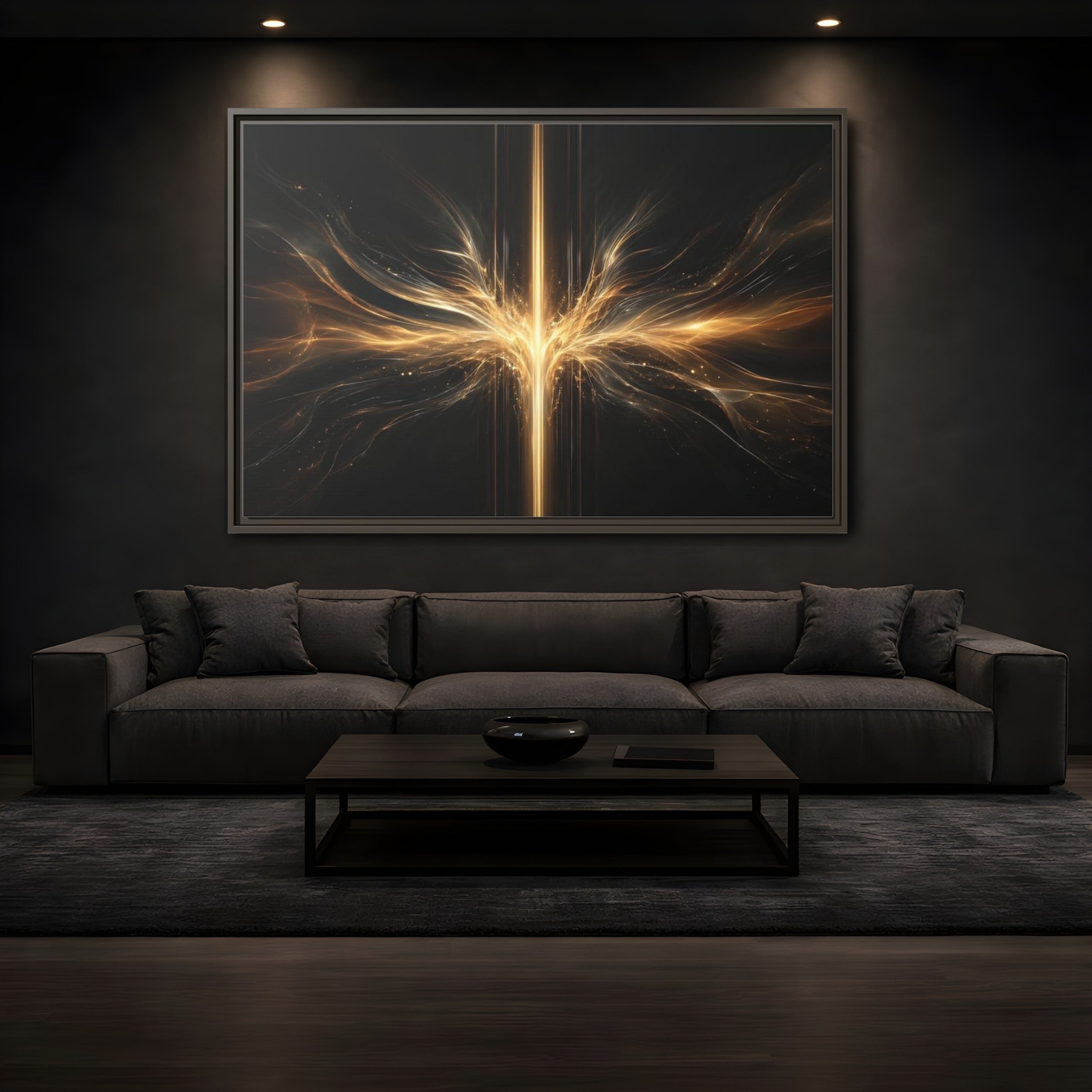 Mockup 3. Abstract Light Burst Golden Black Abstract shown as stretched canvas wall art