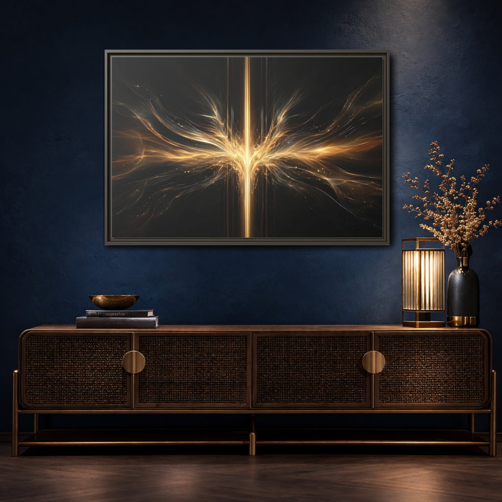Mockup 4. Abstract Light Burst Golden Black Abstract shown as stretched canvas wall art