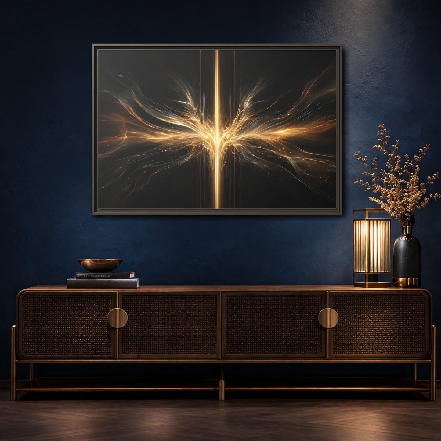 Mockup 4. Abstract Light Burst Golden Black Abstract shown as stretched canvas wall art