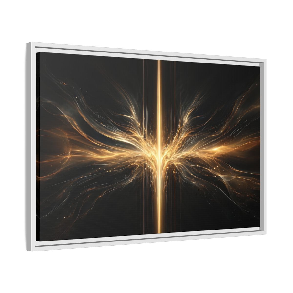 Side Mockup 10. Abstract Light Burst Golden Black Abstract shown as stretched canvas wall art