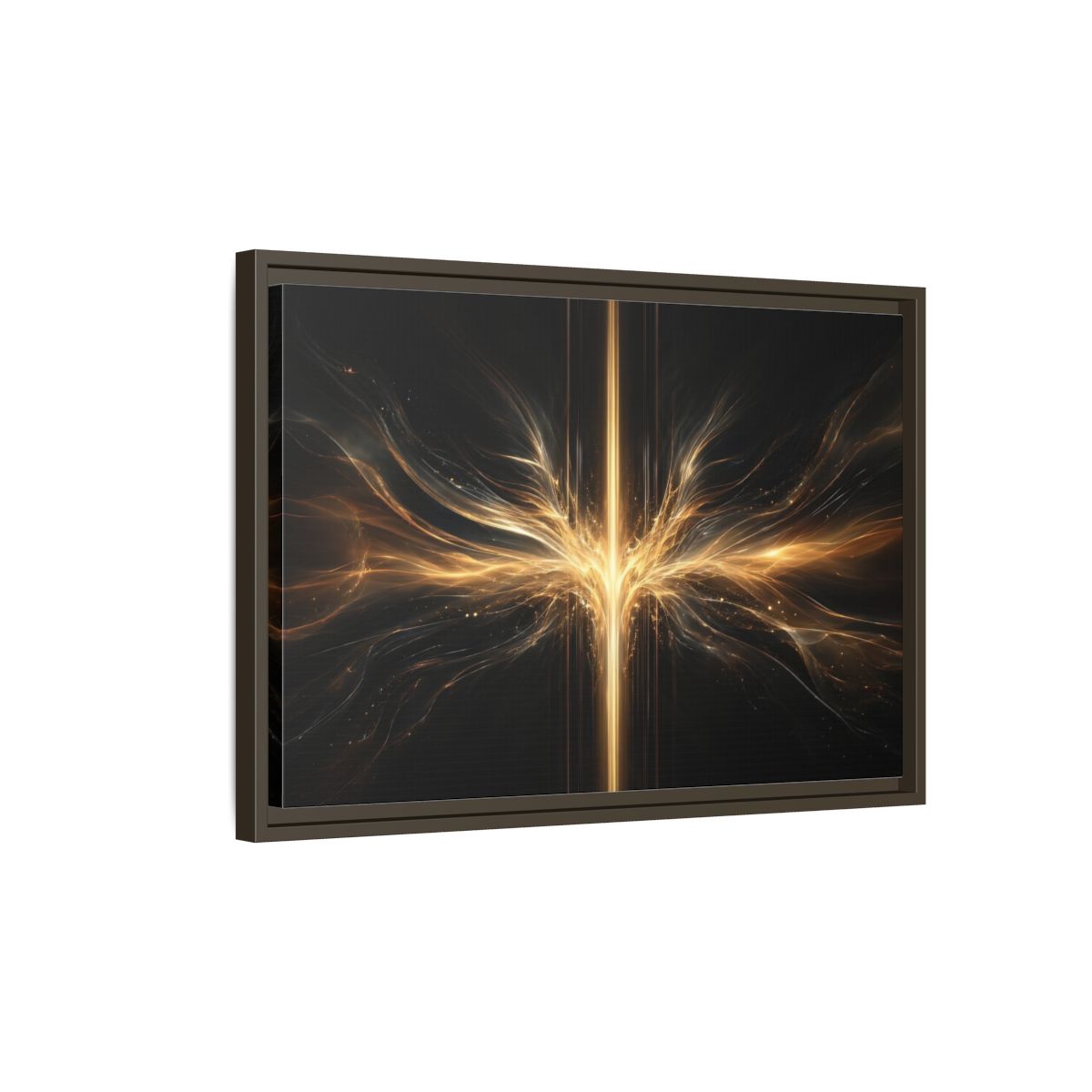 Side Mockup 2. Abstract Light Burst Golden Black Abstract shown as stretched canvas wall art