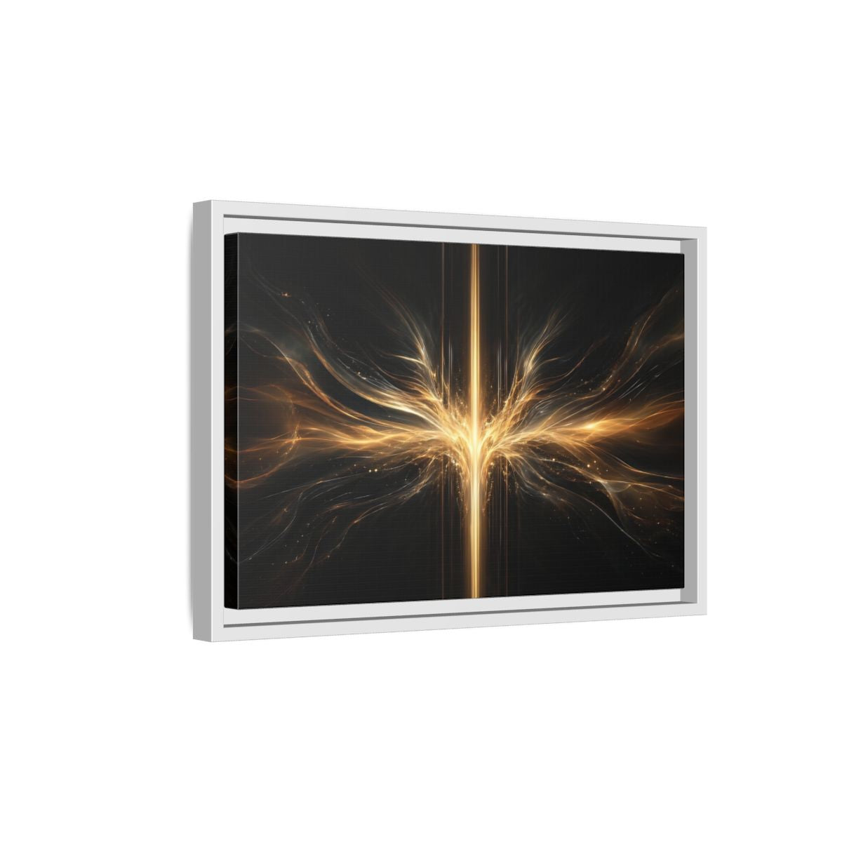 Side Mockup 4. Abstract Light Burst Golden Black Abstract shown as stretched canvas wall art