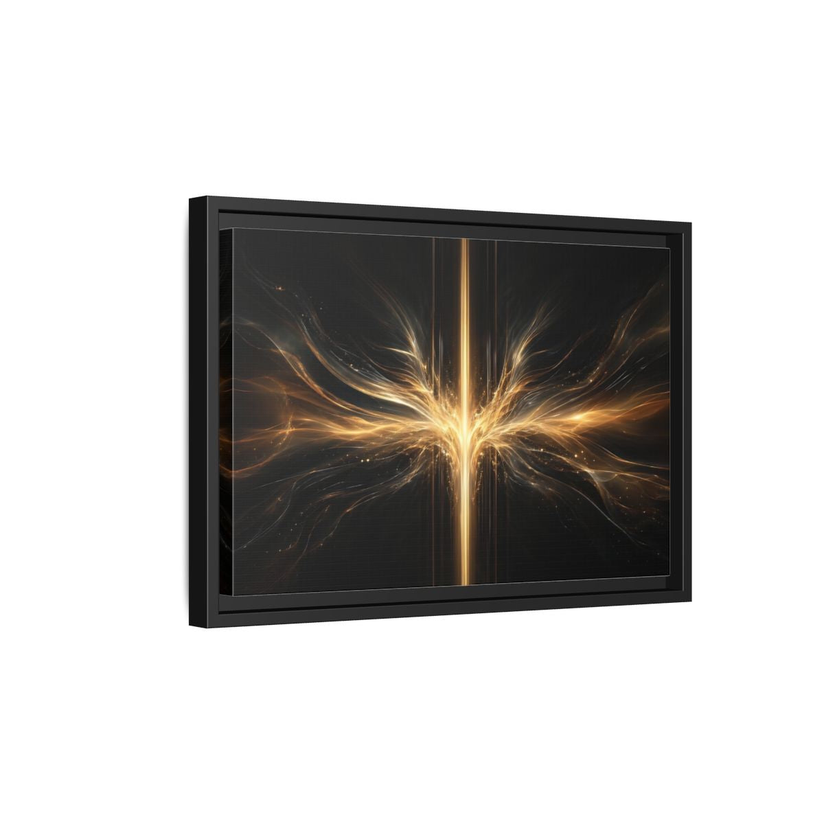 Side Mockup 6. Abstract Light Burst Golden Black Abstract shown as stretched canvas wall art
