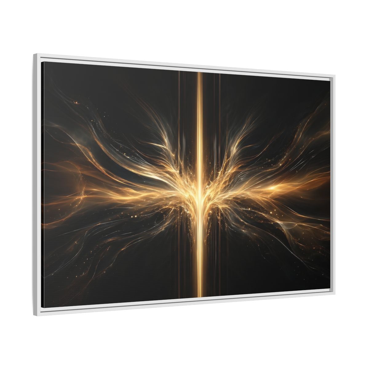 Side Mockup 7. Abstract Light Burst Golden Black Abstract shown as stretched canvas wall art
