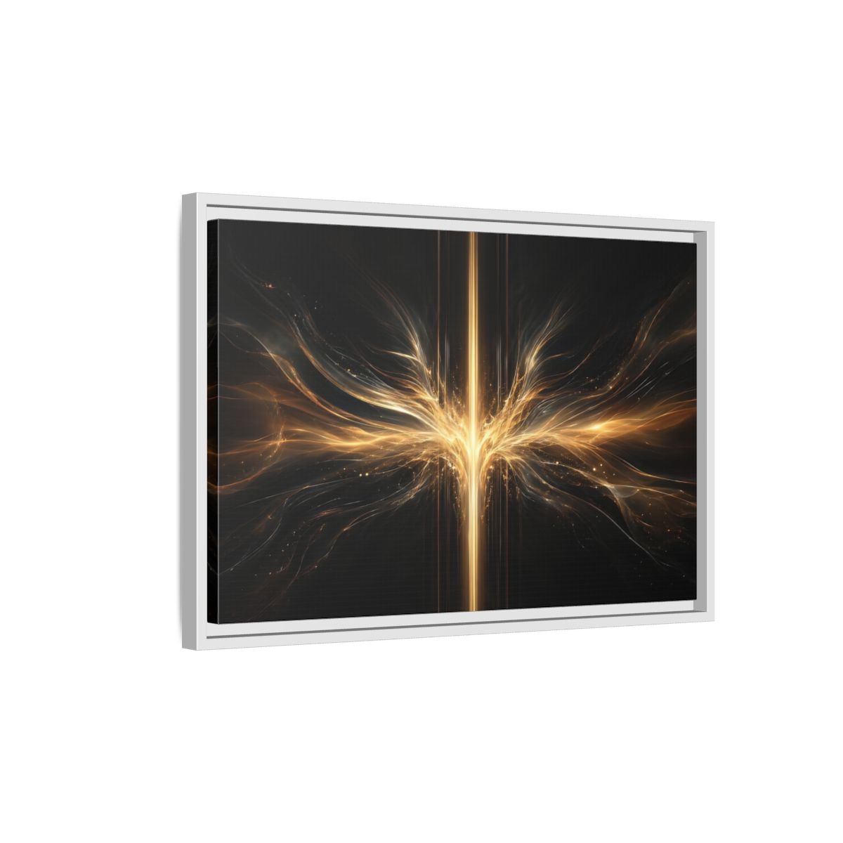 Side Mockup 1. Abstract Light Burst Golden Black Abstract shown as stretched canvas wall art